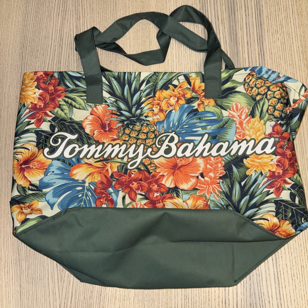 Tommy Bahama Tropical Floral Pineapple Blooms Canvas Beach Tote Bag Large Green